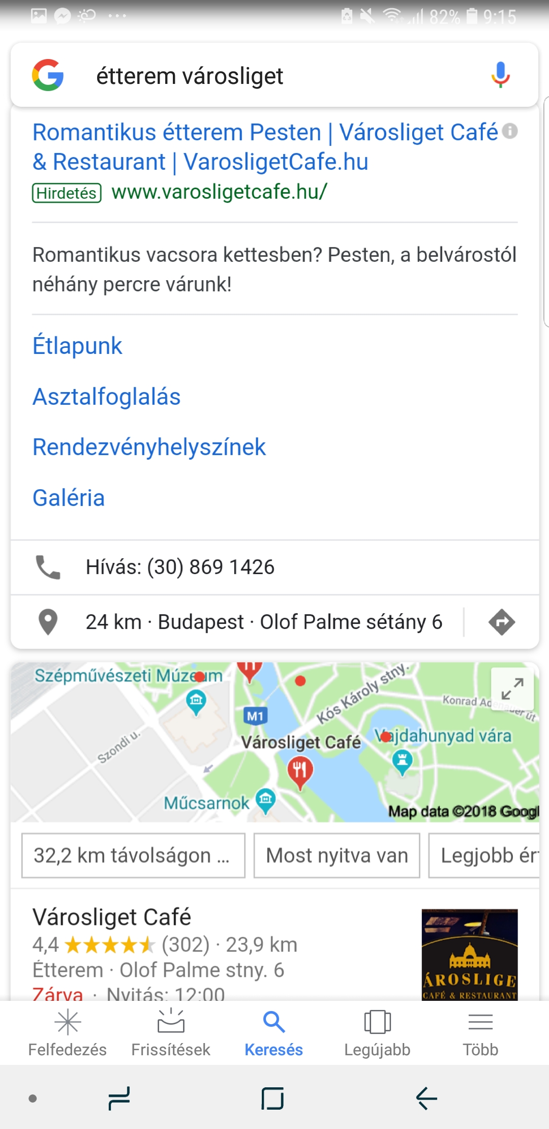 Étterem Városliget keresés a Googleben