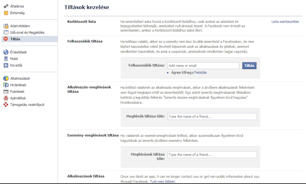 Facebook tiltások beállításai